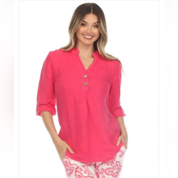 Flora Ashley NEW 9332 Hot Pink Linen Tunic Top SZ S - Picture 1 of 9